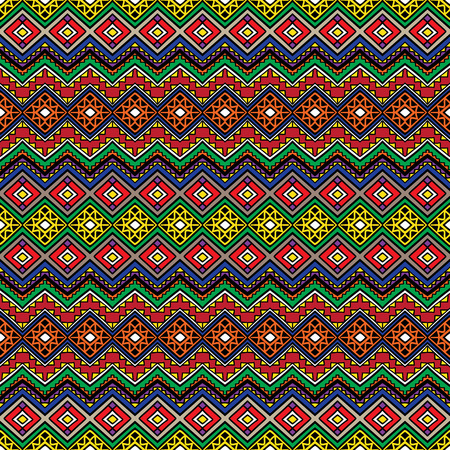 Bright colored seamless pattern in boho chic style. Hand drawn abstract background with aztec motives. Ethnic print template for fabric and paper. Summer fashion.のイラスト素材