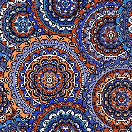 Seamless ethnic pattern with floral motives. Mandala stylized print template for fabric and paper. Boho chic design. Summer fashion.のイラスト素材