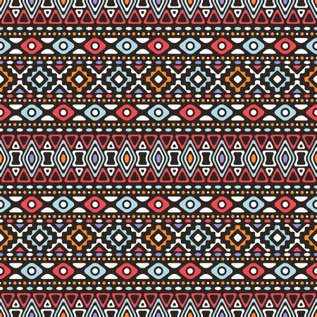 Bright colored seamless pattern in boho chic style. Abstract background with aztec ornament. Ethnic print template for fabric and paper. Summer fashion.のイラスト素材