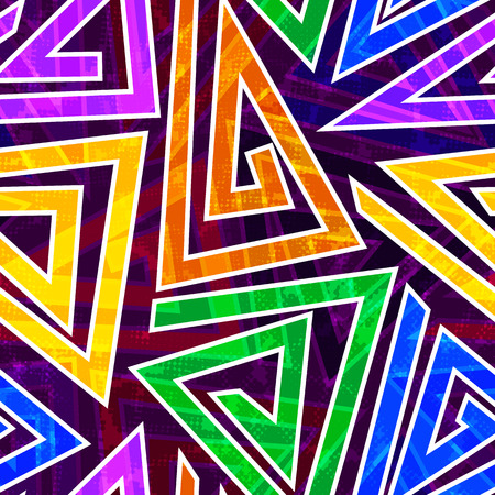 Bright colored seamless pattern in urban style. Graffiti stylized abstract wallaper with grunge effect and geometrical ornament.のイラスト素材