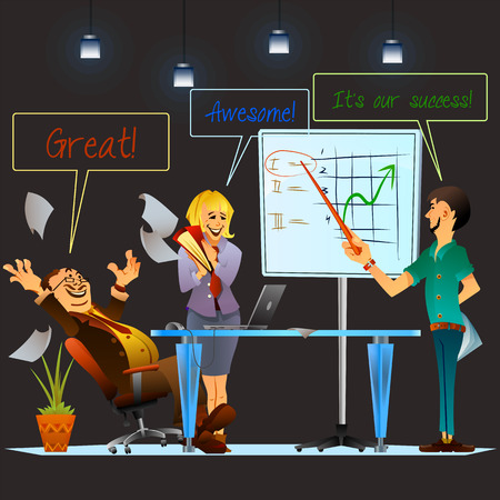 Presentation of high rating position of the company. Office teamwork vector illustration. Cheerful colleagues.のイラスト素材