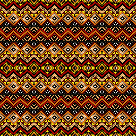 Bright colored seamless pattern in boho chic style. Hand drawn abstract background with aztec motives. Ethnic print template for fabric and paper. Summer fashion.のイラスト素材