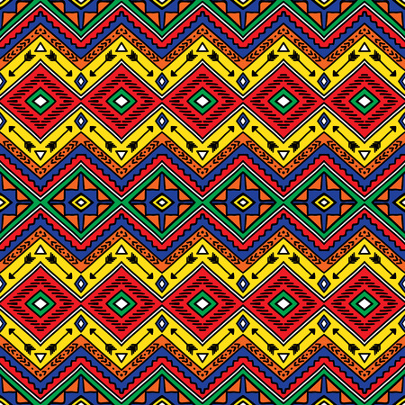 Bright colored seamless pattern in boho chic style. Abstract background with aztec ornament. Hand drawn ethnic print template for fabric and paper. Summer fashion.のイラスト素材