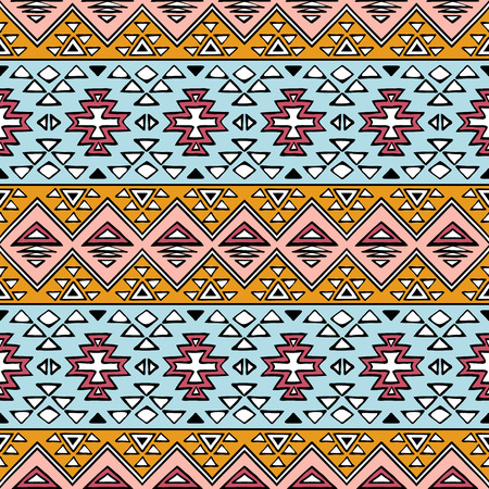 Bright colored seamless pattern in boho chic style. Abstract background with aztec ornament. Hand drawn ethnic print template for fabric and paper. Summer fashion.のイラスト素材