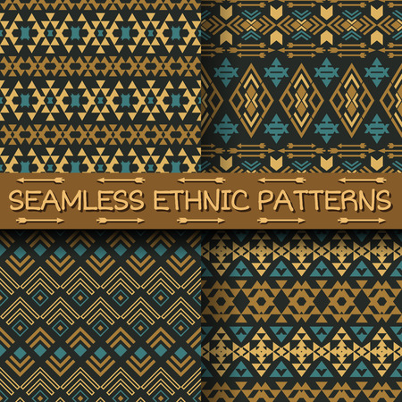 Set of seamless patterns in ethnic style. Bright colored abstract backgrounds with tribal aztec motives. Summer fashion. Boho design.のイラスト素材
