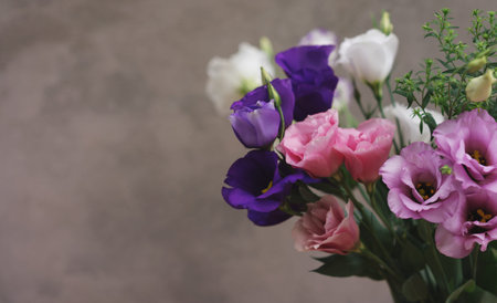 Eustoma flowers bouquet. Mock up, copyspace for your text.