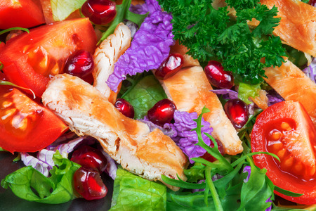 Close up of vegetable salad with grilled chicken slices and pomegranate seeds. Healthy appetizer.の写真素材