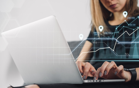 Girl freelancer working homeの写真素材