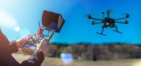 Close up of male hands holding generic design quadrocopter remote controller runing it into the sky....