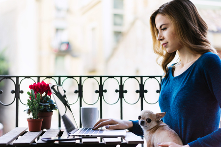 Young attractive casual dressed freelancer woman sitting on sunlight filled terrace and working on her project using laptop. Distant job in comfortable conditions concept. Side view.の写真素材