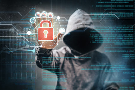 Male hacker accessing to personal information. Hooded man with obscure face touching digital panel...