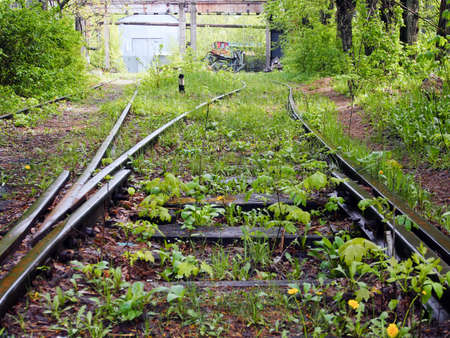 Old, rusty railway tracks, overgrown with grass and bushes on the background of the collapsing factory buildings.の写真素材