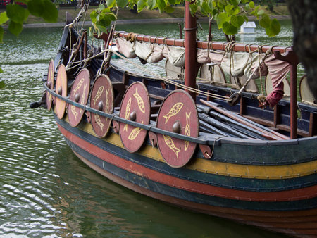 A fragment of the historical full-scale reconstruction of the battle rook. The boat is equipped with...