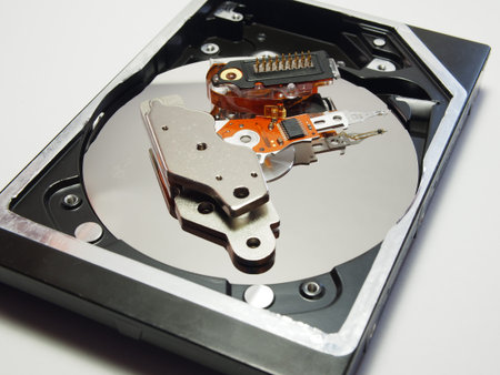 Hard drive, electronic and mechanical parts close-up. Components of electronic devices, macro...