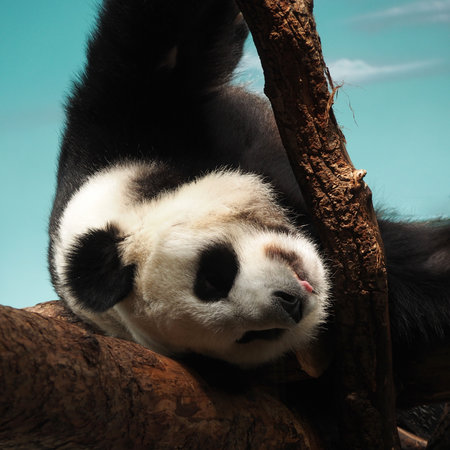 Panda, bamboo bear resting on thick tree branches, portrait, close-up. The diversity of the animal world, mammals living on the planet.の写真素材