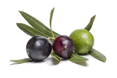 isolated three colorful olives, in three different colorsの写真素材