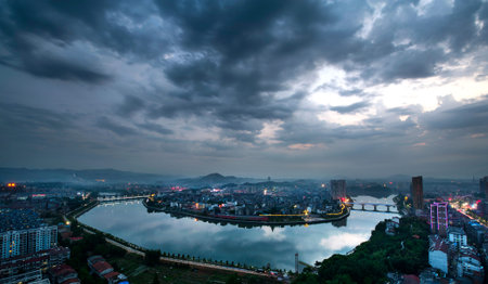 Small town under the cloudy skyの写真素材