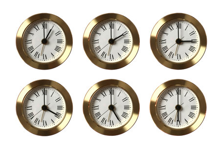 Set of six clocks showing different time isolated on white