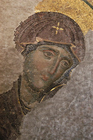 Byzantine mosaic of the Virgin in Hagia Sophia in Istanbul, Turkey.  