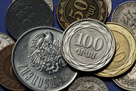 Coins of Armenia. Armenian one hundred dram coin and Armenian national coat of arms depicted in...