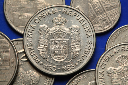 Coins of Serbia. Serbian national coats of arms depicted in Serbian dinar coins. の写真素材