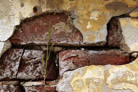 Old brick wall with cracked plaster.の写真素材