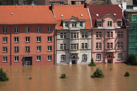 USTI NAD LABEM, CZECH REPUBLIC - JUNE 5, 2013: Dwelling buildings flooded by the swollen Elbe River in Usti nad Labem, Northern Bohemia, Czech Republic, on June 5, 2013.のeditorial素材
