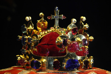 PRAGUE, CZECH REPUBLIC - MAY 10, 2013: Crown of Saint Wenceslas displayed at the exhibition of the Bohemian Crown Jewels in Prague, Czech Republic.のeditorial素材