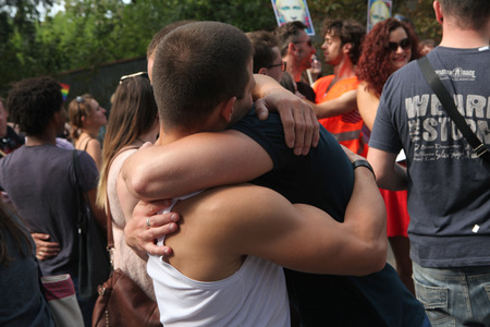 PRAGUE, CZECH REPUBLIC - SEPTEMBER 8, 2013: Czech homosexual activists protest against the Russian anti gay laws in front of the Russian Embassy in Prague, Czech Republic.のeditorial素材