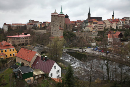 BAUTZEN, GERMANY - APRIL 7, 2012: Spree River in the historical centre in Bautzen, Upper Lusatia, Saxony, Germany.のeditorial素材
