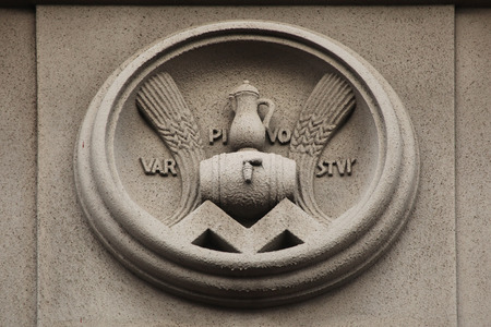 Allegory of Brewing. Building decoration at Bubenecska Street in Prague, Czech Republic.の写真素材