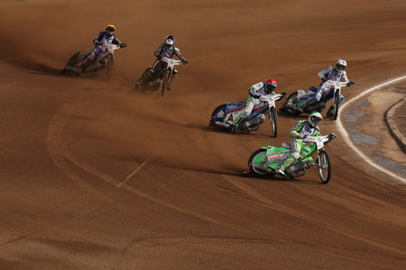 PARDUBICE, CZECH REPUBLIC - OCTOBER 14, 2012: Speedway riders compete on track during the Golden...
