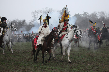TVAROZNA, CZECH REPUBLIC ? DECEMBER 3, 2011: Re-enactors uniformed as Austrian soldiers attend the re-enactment of the Battle of Austerlitz (1805) near Tvarozna, Czech Republic.のeditorial素材