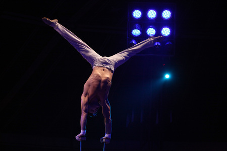 PRAGUE, CZECH REPUBLIC - NOVEMBER 20, 2011: Czech equilibrist Hynek Navratil Junior performs in the Humberto Circus in Prague, Czech Republic.のeditorial素材