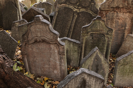Abandoned tombstones at the Old Jewish Cemetery in Prague, Czech Republic.の写真素材