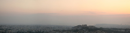 ATHENS, GREECE - OCTOBER 21, 2008: Acropolis of Athens and the port of Piraeus in Athens, Greece. Panorama from Mount Lycabettus.のeditorial素材