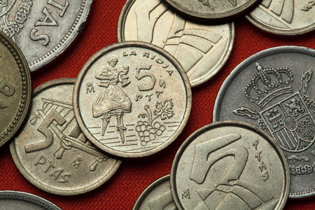Coins of Spain. Stilt Dancer of Anguiano, La Rioja Province, Spain depicted in the Spanish five peseta coin (1996).の写真素材