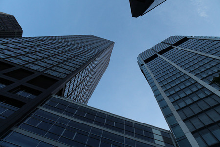 FRANKFURT AM MAIN, GERMANY - JUNE 14, 2015: Modern skyscrapers in the Bankenviertel (banking district) in Frankfurt am Main, Hesse, Germany.のeditorial素材