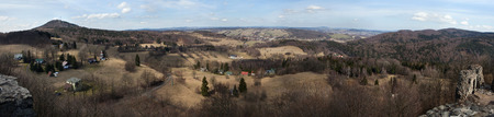 Panoramic view of Mount Jedlova (774 m) in the Lusatian Mountains pictured from Tolstejn Castle near Jiretin pod Jedlovou in North Bohemia, Czech Republic.の写真素材