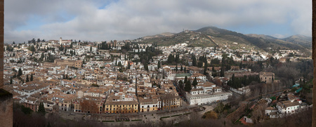 GRANADA, SPAIN - JANUARY 12, 2016: Panorama of El Albayzin district in Granada, Andalusia, Spain, pictured from the Nasrid Palaces in the Alhambra.のeditorial素材