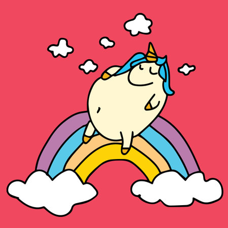 cute unicorn with rainbow and clouds in the sky, illustrationの写真素材
