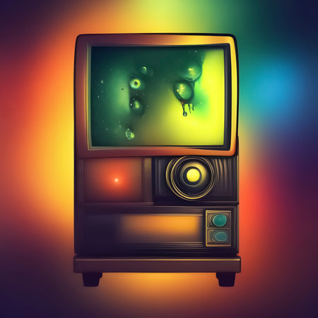 Retro TV set on colorful background. 3d render illustration.の素材