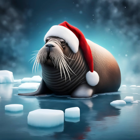 christmas walrus with santa claus hat on ice floeの素材