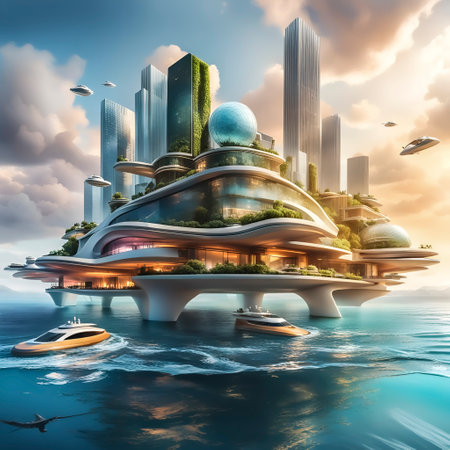 Futuristic city with skyscrapers and boats. 3D renderingの素材
