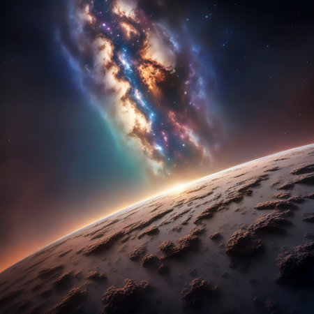 3D illustration of an alien planet in space with stars and nebulaの素材