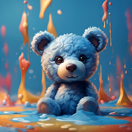 3d rendering of a cute teddy bear in the water with drops and splashesの素材