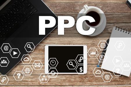 Tablet on desktop with ppc text.の写真素材