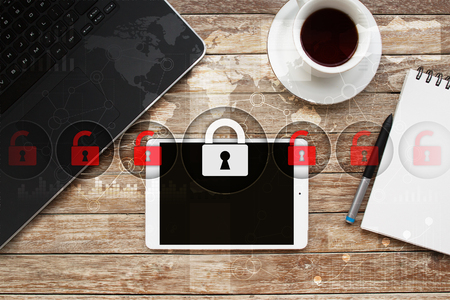 Cyber security, Data protection, information safety and encryption. internet technology and business concept.  Virtual screen with padlock icons.の写真素材