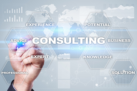 Consulting business concept. Text and icons on virtual screen.の写真素材