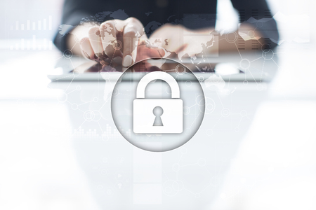 Cyber security, Data protection, information safety and encryption. internet technology and business concept.  Virtual screen with padlock icons.の写真素材